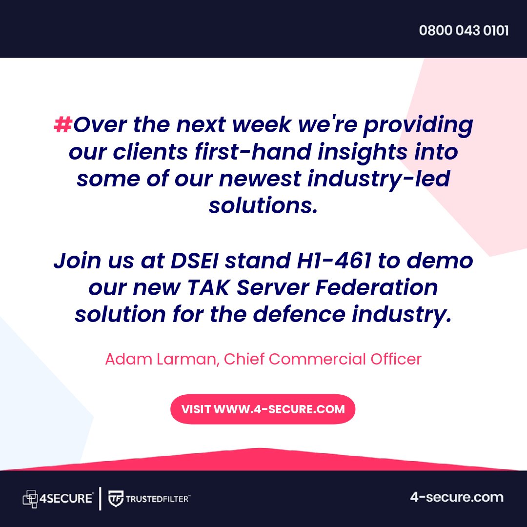 Our team will be joining DSEI this week to demo some of our latest innovative cross-domain solutions to solve real world problems. Join us or read more on the 4Secure website: 4-secure.com/solutions/

#DSEI23 #DSEI #Defence #DefenceIndustry #Military
