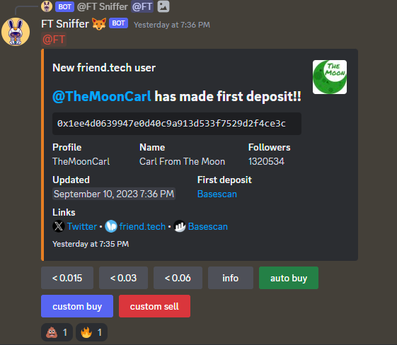 devtrader247's tweet image. Has been fun the last 2 weeks developing a discord trading bot for the @friendtech app.
Yesterday the shares of @TheMoonCarl skyrocketed in seconds. The social shares platform is getting more and more attention.. 👀
#web3 #base #ethersjs #rpc #nodes