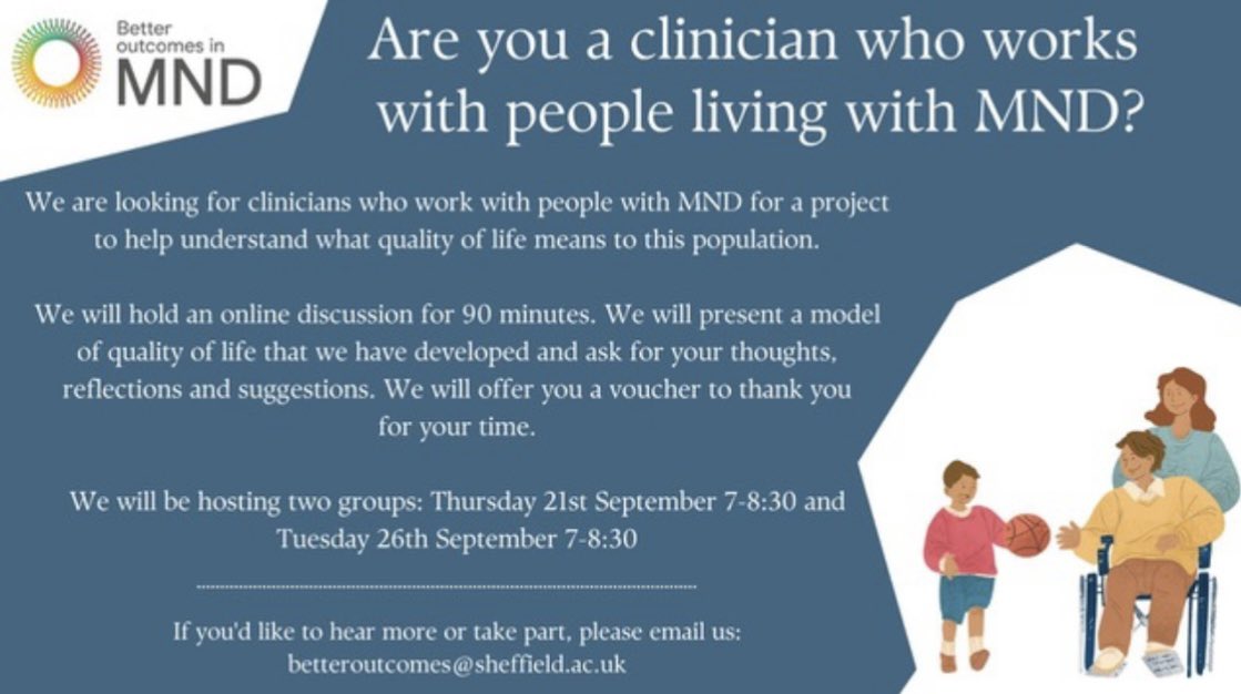 Charlotte Massey (@char_massey) on Twitter photo Do you work with people with MND?
<a href="/MNDoutcomes/">Better Outcomes in MND</a> are looking for clinicians to support a project looking at quality of life in #MND
See below ⬇️ Do you work with people with MND?
<a href="/MNDoutcomes/">Better Outcomes in MND</a> are looking for clinicians to support a project looking at quality of life in #MND
See below ⬇️