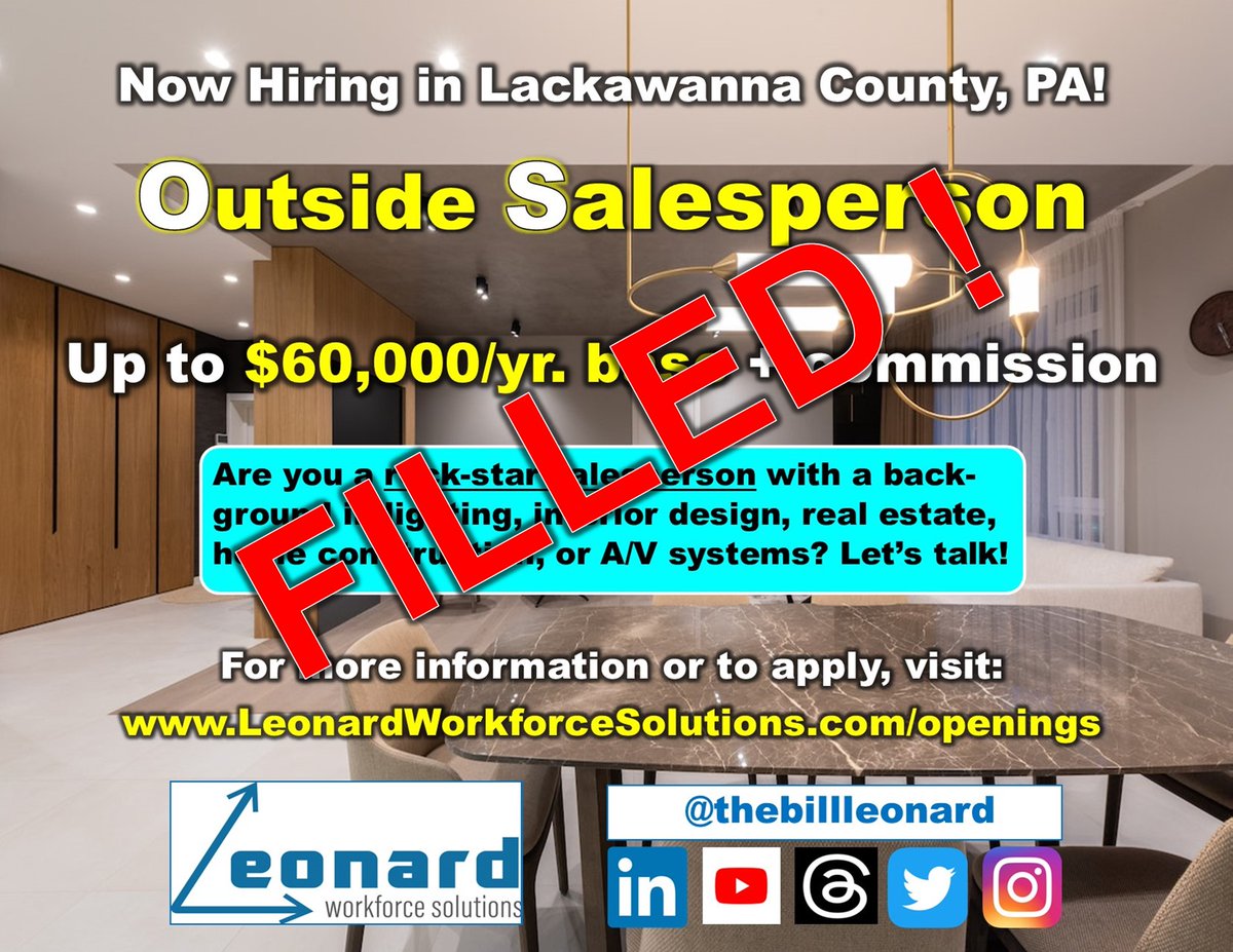 thebillleonard's tweet photo. 🎯#LeonardWorkforceSolutions just placed an Outside Salesperson with my client, a technology / automation company in Lackawanna County.

🔗 More info about #recruiting services here: https://t.co/6FnaB5eZda

#recruiter #executiverecruiter #searchfirm #executivesearchfirm #hiring https://t.co/vB4MWIMl32