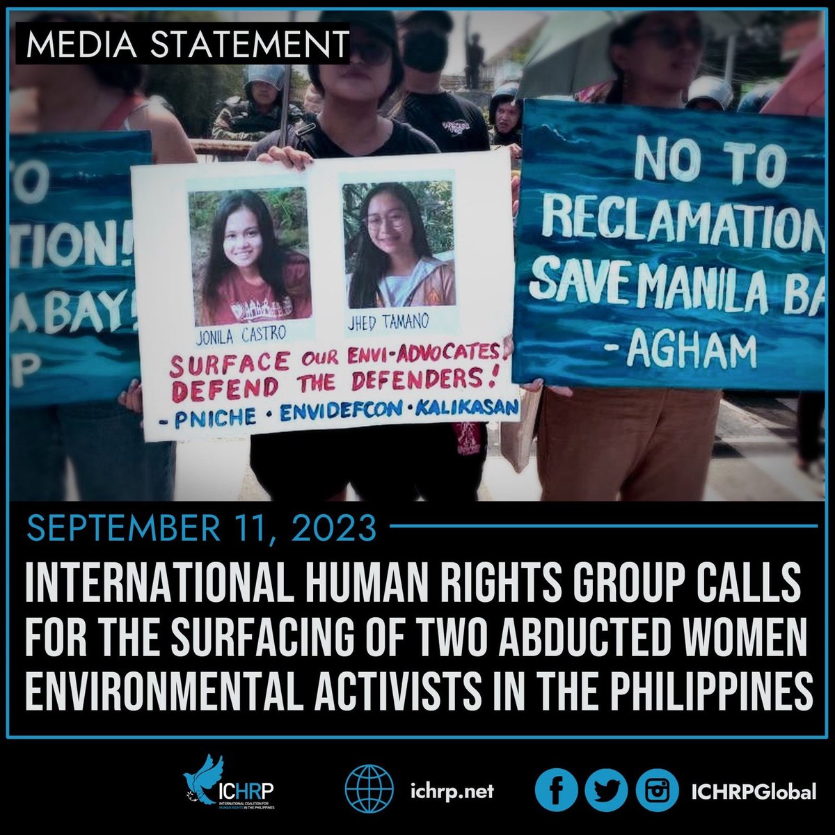 The International Coalition for Human Rights in the Philippines (ICHRP) joins the call of progressive and human rights groups to surface Jonila Castro and Jhed Tamano.

Read: ichrp.net/4T4e