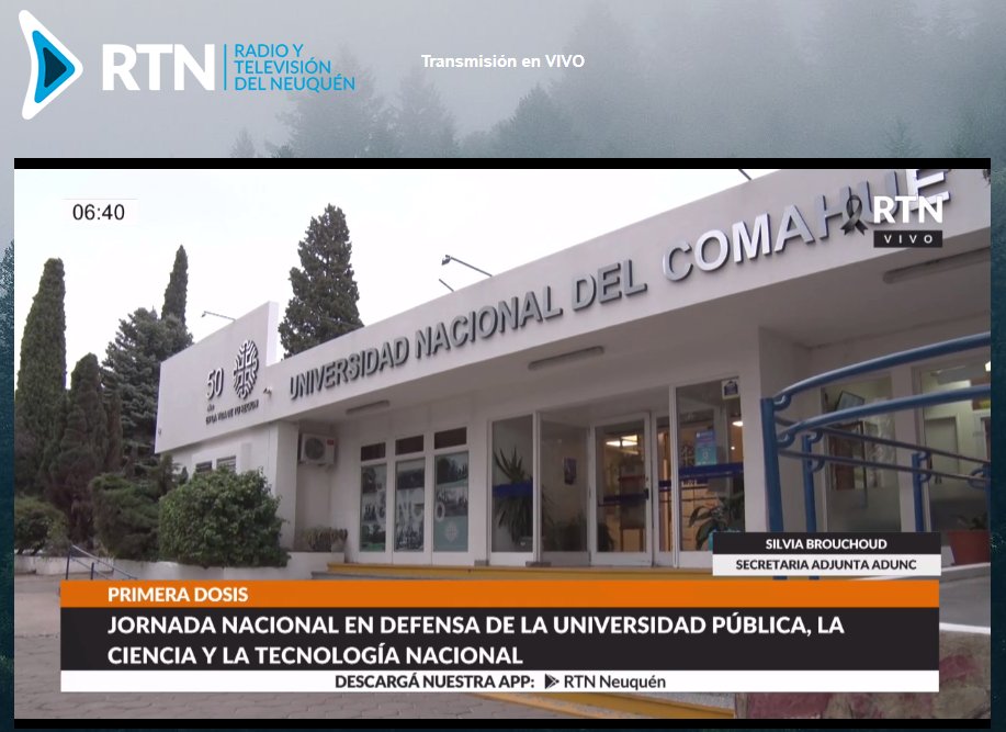 horaciorusso's tweet photo. #ENVIVO #PRIMERADOSIS @rtn_neuquen Silvia Brouchoud, secretaria adjunta de ADUNC, refiriéndose a la jornada nacional en defensa de la Universidad Pública, la Ciencia y la Tecnología Nacional. @Fede_car2001 @tubagustavo https://t.co/dJLnw1sOuN