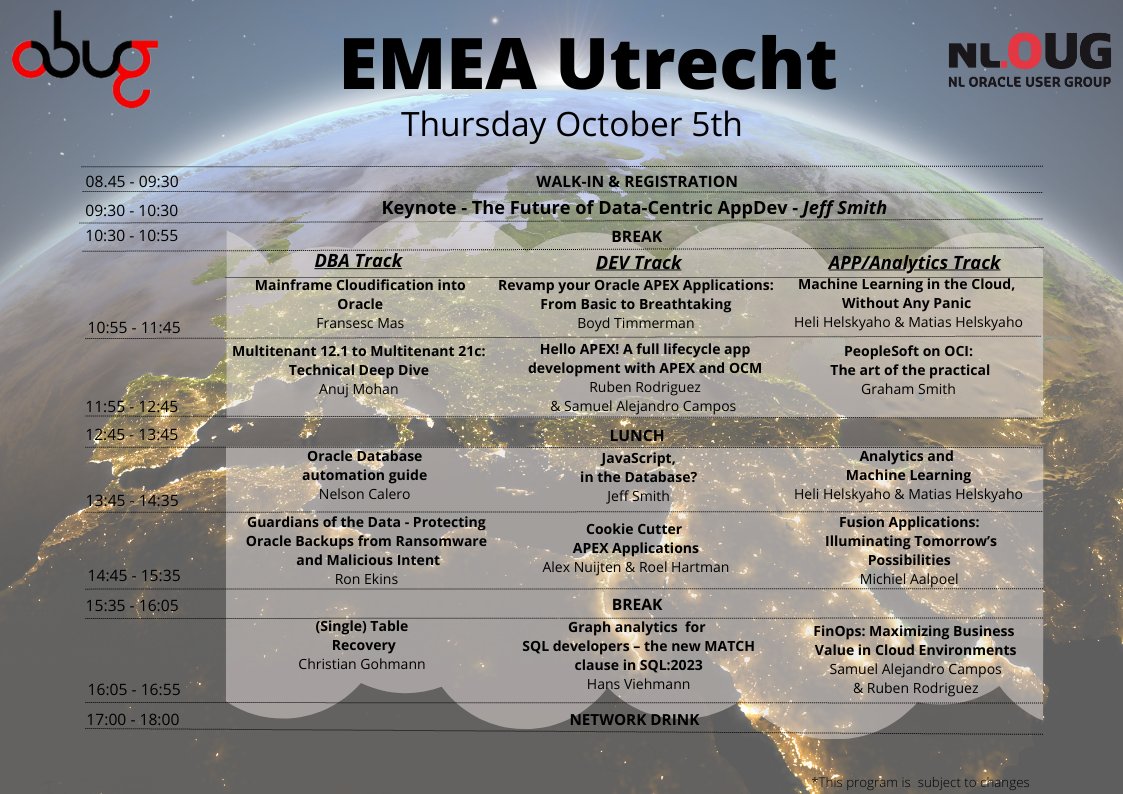 nlOUG (@nl_oug) on Twitter photo Last, but not least!! Track 3, the Apps and Analytics track!!
This is the complete program for #EMEAUtrecht!
Get your tickets now!! nloug.nl/events/emea-or…
#dba #dev #orclAPEX #oracle <a href="/oracleugs/">Oracle User Groups</a> <a href="/oracleace/">Oracle ACE Program</a> Last, but not least!! Track 3, the Apps and Analytics track!!
This is the complete program for #EMEAUtrecht!
Get your tickets now!! nloug.nl/events/emea-or…
#dba #dev #orclAPEX #oracle <a href="/oracleugs/">Oracle User Groups</a> <a href="/oracleace/">Oracle ACE Program</a>