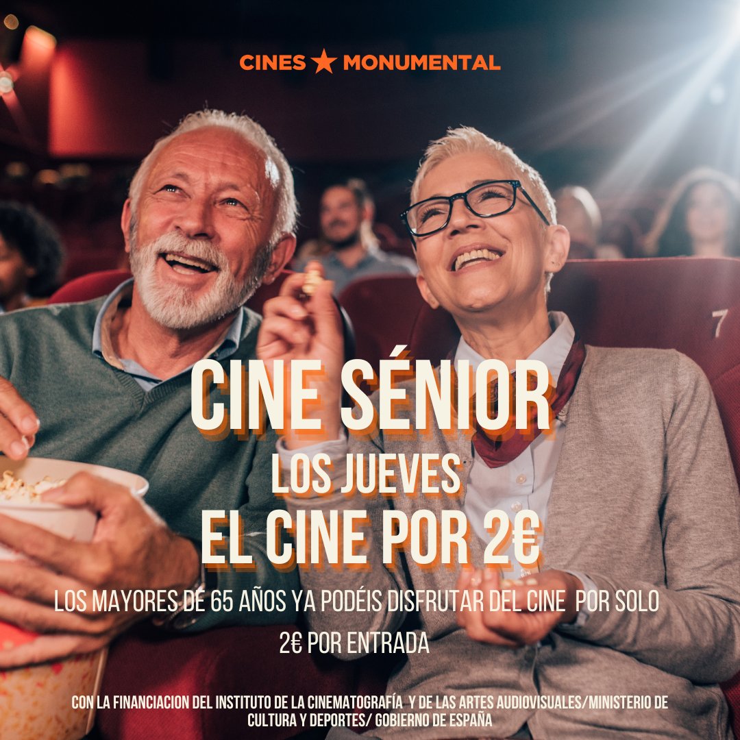 Si eres mayor de 65 años, ¡ya puedes disfrutar de tus JUEVES de Cine por solo 2€!

¿Cómo? ¡Facilísimo! Presenta tu DNI en el punto de venta del cine 😇 Y disfruta del #CineSenior en Cines Monumental ✨

#cinesmonumental #cinesalmeria #almeria