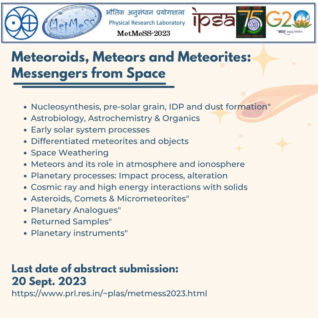 "Meteoroids, Meteors and Meteorites: Messengers from Space" aims at bringing prominent researchers to present their latest results that advances our understanding of the solar system formation &amp; evolution.

#meteorites #meteors #meteroids #planetaryscience #astronomy #astrophysic