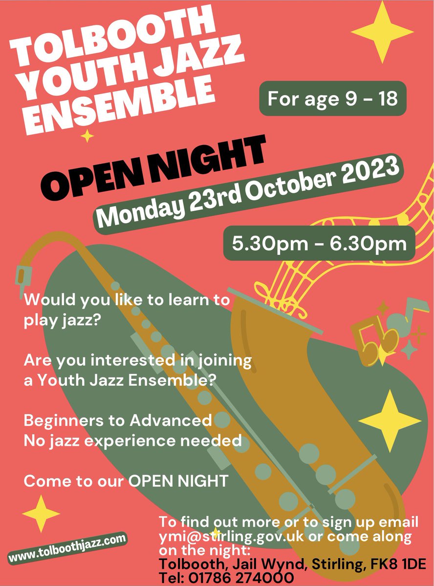 Fantastic opportunities for music making at the Tolbooth for young people aged 9-18. Open night on Monday 23rd October! 🎵🎶🎷🎻