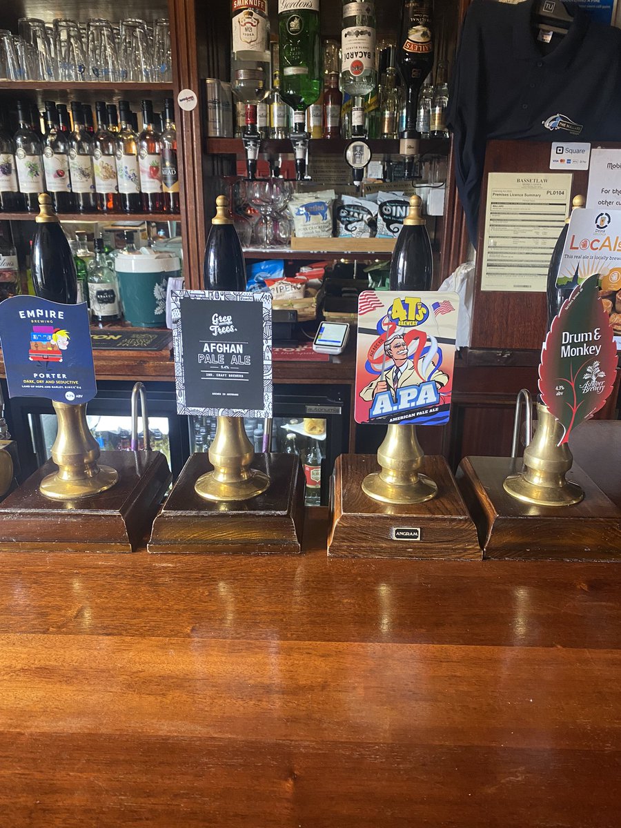#RealAle on Monday: @4tsbrewery APA @AshoverBrewery Drum & Monkey @greytreesbrewer Afghan Pale Ale & @empirebrew Porter Plus ciders from @WestonsCiderMil Card payments accepted Open 12-9pm Please Retweet