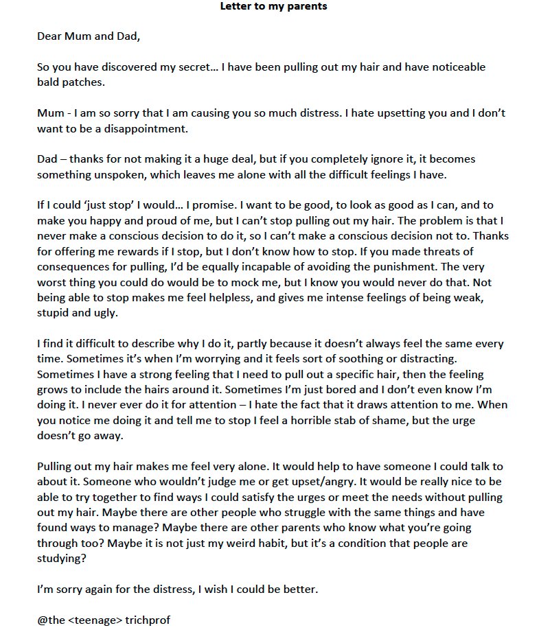 TheTrichProf's tweet photo. I hear many stories of young people who struggle to get the support they need from their family, and from loving parents who don't know how best to support their children who pick/pull/bite, so I wrote a letter from my teenage self to my parents. #trichotillomania https://t.co/IeRTGZtRHU