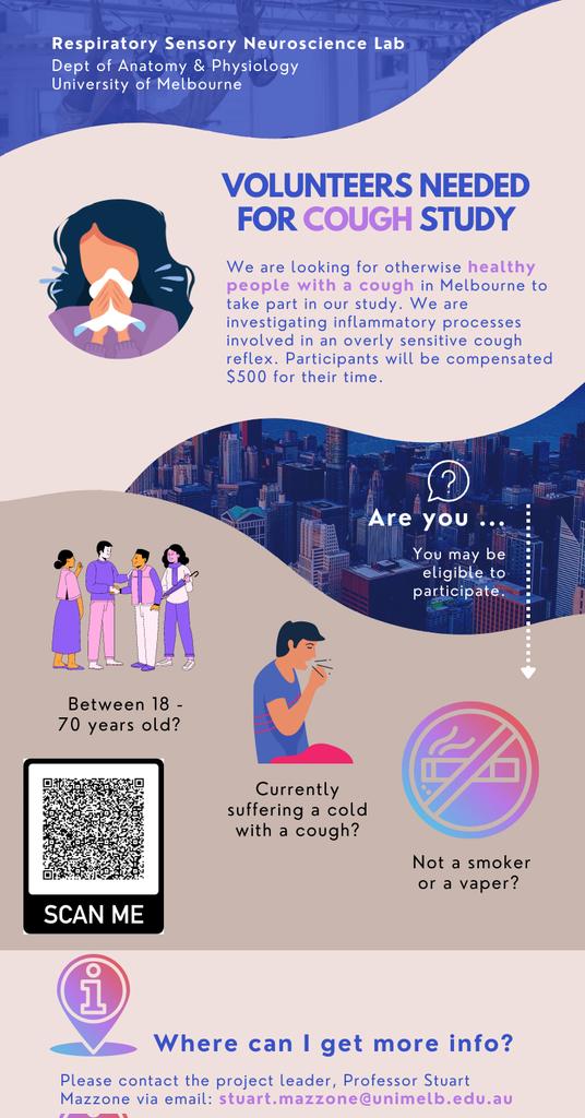 Do you have a cold or flu? People of Melbourne, we are still recruiting for our #cough study.  Email or DM me. Details 👇