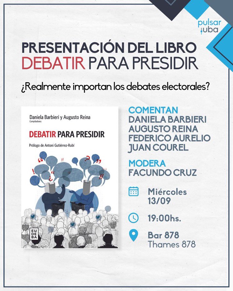 Antoni Gutiérrez (@antonigr) on Twitter photo #Recomiendo #Agenda Este miércoles 13.09. a las 19h presentación del libro 📕Debatir para presidir (<a href="/EdEudeba/">Eudeba Editorial</a>). Una obra coral coordinada por <a href="/Barbieridani/">Daniela Barbieri</a> y <a href="/augustoreina/">Augusto Reina</a> que he tenido el placer de prologar.
El evento tendrá lugar en #Bar878 🇦🇷
🔗 bit.ly/3sKsRiV #Recomiendo #Agenda Este miércoles 13.09. a las 19h presentación del libro 📕Debatir para presidir (<a href="/EdEudeba/">Eudeba Editorial</a>). Una obra coral coordinada por <a href="/Barbieridani/">Daniela Barbieri</a> y <a href="/augustoreina/">Augusto Reina</a> que he tenido el placer de prologar.
El evento tendrá lugar en #Bar878 🇦🇷
🔗 bit.ly/3sKsRiV