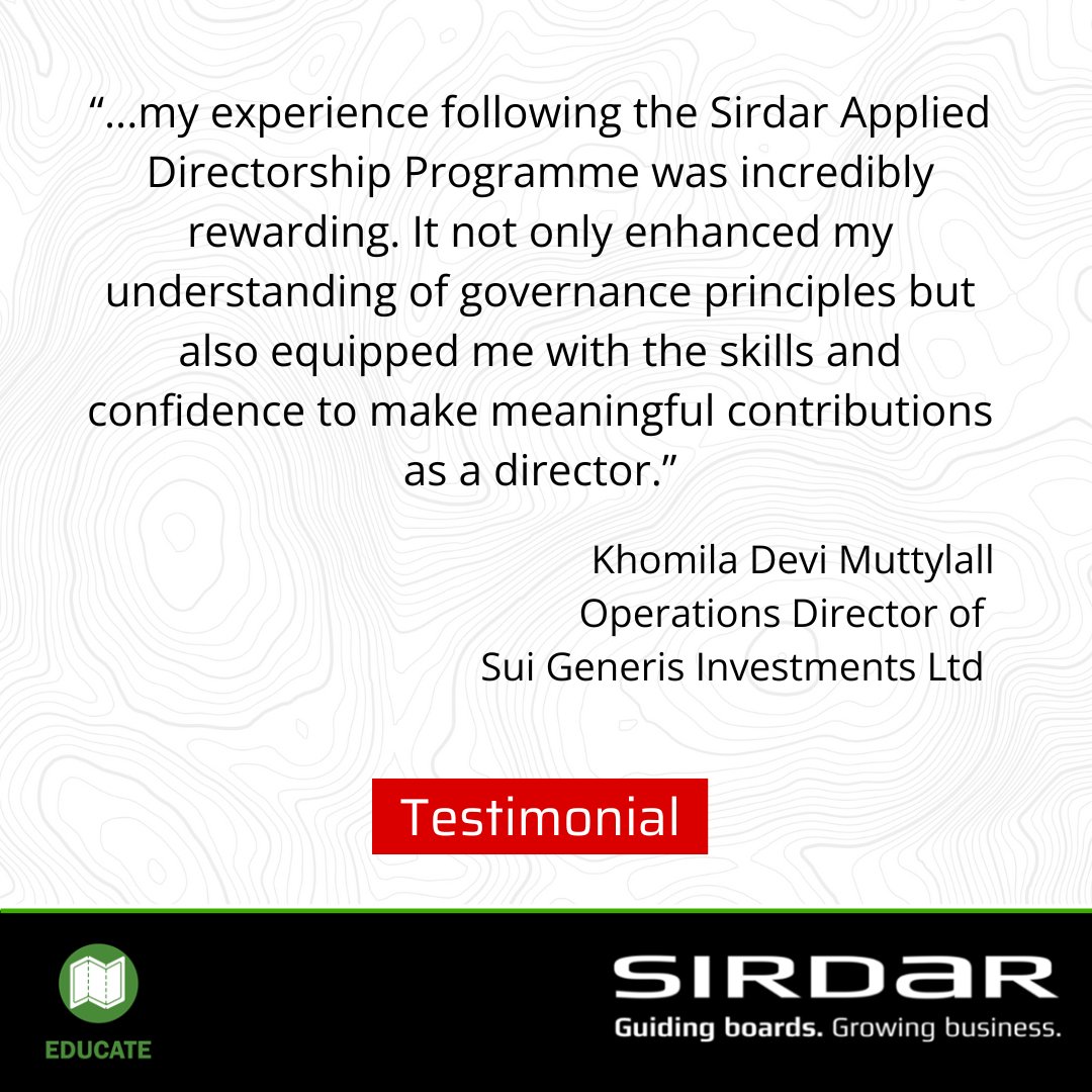SirdarGroup's tweet image. If you are serious about getting ahead in the boardroom in 2024, find how you can benefit from attending the Applied Directorship Programme during our next one-hour intro at noon (SAST) on 19 September.
lnkd.in/d8BUSjSq

#Sirdar #DirectorEducation #DirectorTraining