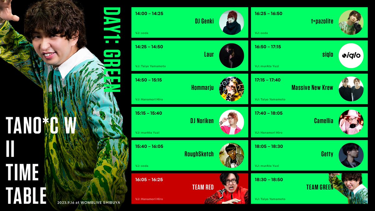 tanoc_official's tweet image. 今週末開催のTANO*C W IIのタイムテーブルを公開！
今回もDAY GREENにチームレッド、DAY REDにチームグリーンの乱入が決定！君の目で確かめてくれ！

tano-c.net/tanoc-w2/

【ご注意】
今回よりご入場時にお支払いいただくドリンク代が700円に変更となっております。ご注意ください。

#tanoc