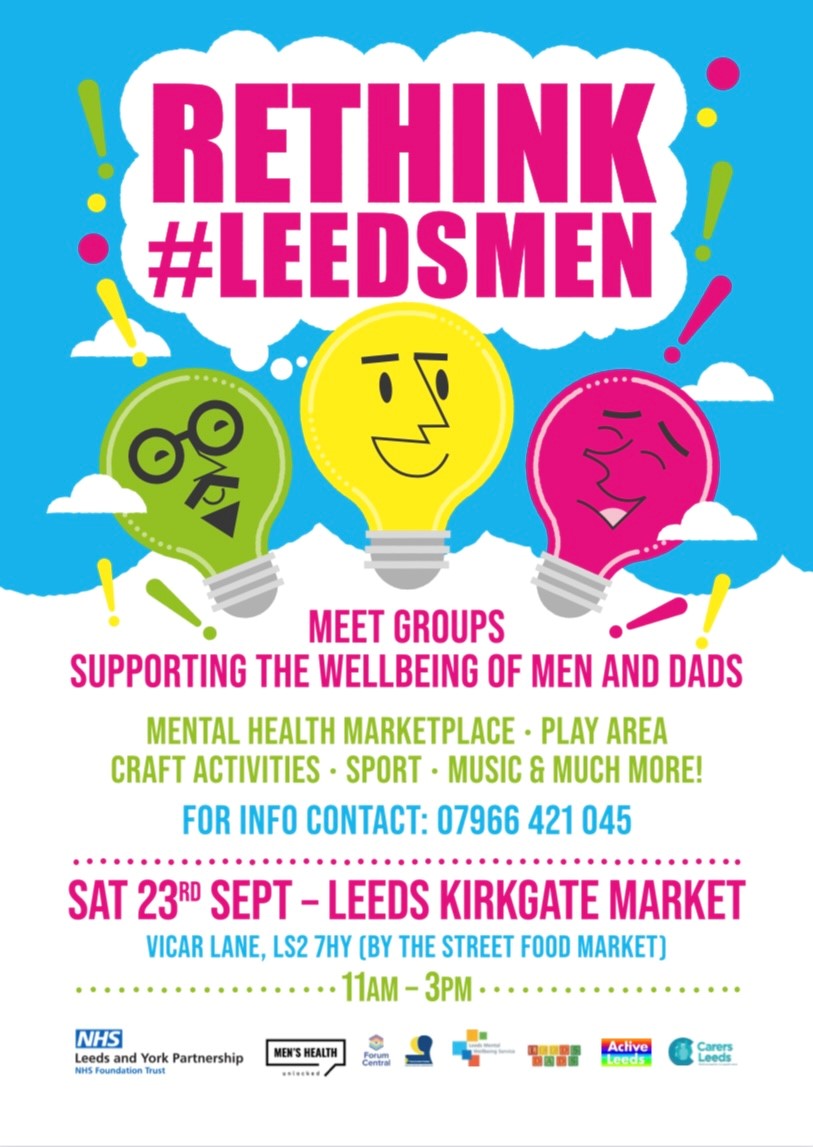 📢Rethink #Leedsmen is back!!

Come along and join us on Sat 23rd Sept, between 11am-3pm @ Leeds Kirkgate Market.

The PMHS is working in collaboration with our amazing partners 2 bring you a fun day out &amp; useful info on where 2 get help for your health &amp; well-being. 👇