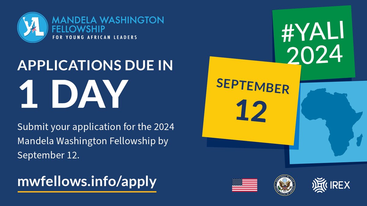 Have you submitted your #YALI2024 application yet? Now is the time! There’s only ONE DAY left before the deadline tomorrow at 16:00 GMT! Submit your application now: mwfellows.info/apply #ExchangeOurWorld <a href="/ECAatState/">Educational & Cultural Affairs—U.S. Dept. of State</a> <a href="/YALINetwork/">YALI Network</a> <a href="/AsstSecStateAF/">Bureau of African Affairs</a>