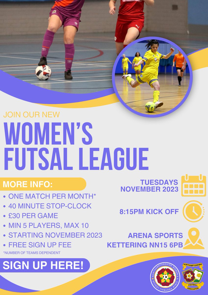 🌟FEMALE FUTSAL LEAGUE🌟 We're delighted to have joined forces with the @northantswgfl to start their own Futsal Division for 16+ year olds! Sign your team up here! ➡️ app.smartsheet.com/b/form/ae94ad1… For more information, email: Harley.Collyer@NorthantsFA.com