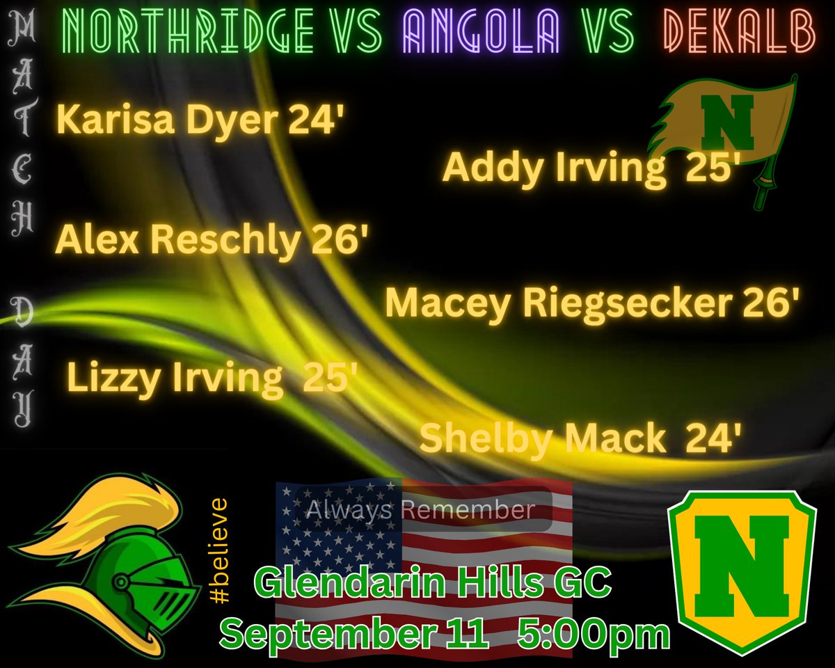 Last regular season match before Sectionals.  Finish what you started Raiders! Build that momentum going into Friday!  #believe #everystrokematters <a href="/nridgeathletics/">Northridge Athletics</a> <a href="/indianahsgolf/">Indiana HS Golf</a>