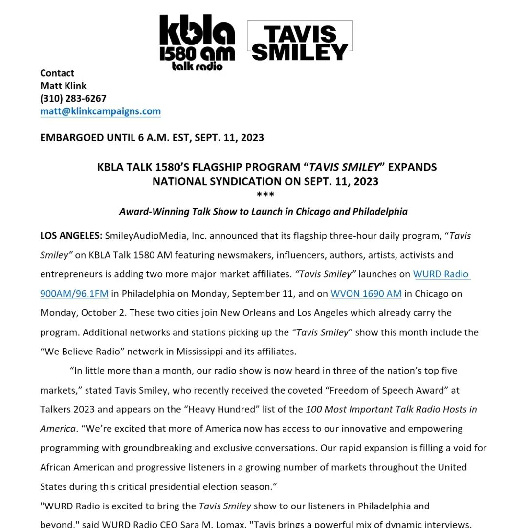 tavissmiley's tweet photo. KBLA TALK 1580'S FLAGSHIP PROGRAM "Tavis Smiley" EXPANDS NATIONAL SYNDICATION ON SEP. 11, 2023 

#nationalsyndication #wurdradio #wvon1690 #freedomofspeechaward #talkers2023 #awardwinningtalkshow #kblatalk1580 #thetavissmileyshow #talkradio #newsmaker #influencers #chicago #philadelphia #webelieveradio #mississippi #entrepreneur #activists #author #blackexcellence #blackleaders #africanamericans #2023election