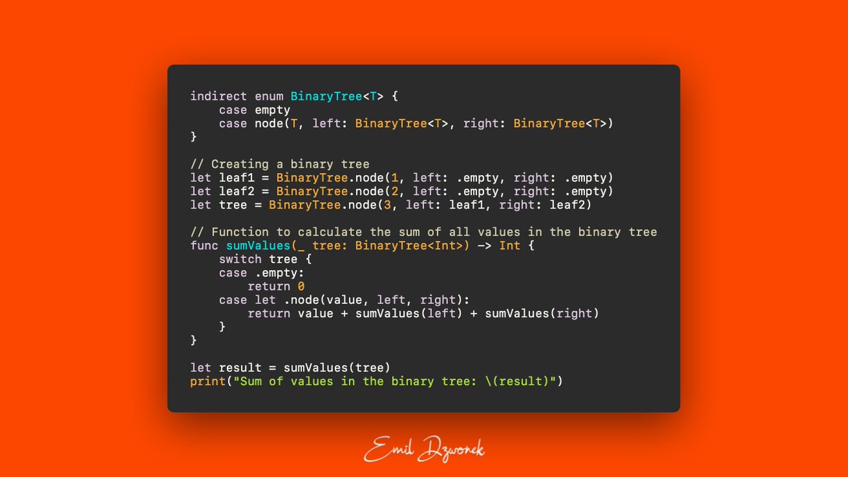 Have you ever heard about indirect enums?

Those are the enums, which reference themselves. They are indirect because they modify the way Swift stores them so they can grow to any size. Without it, they could theoretically grow infinitely in size.