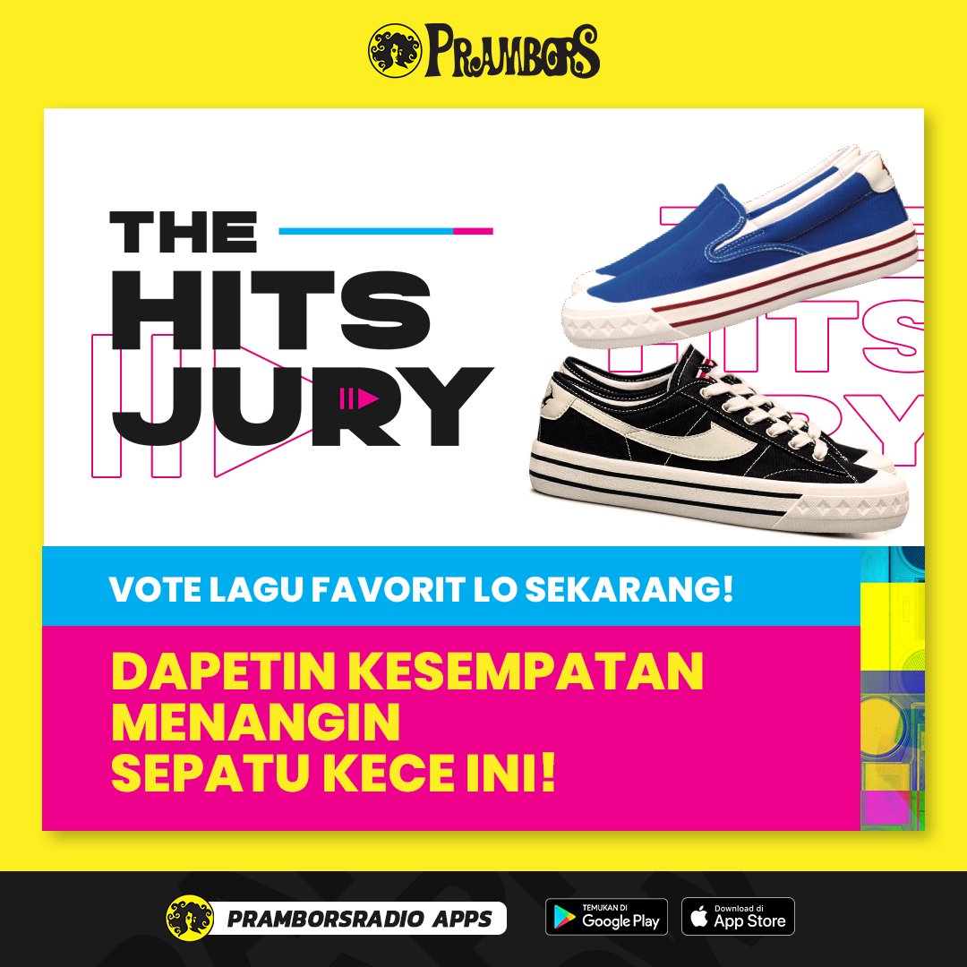 PramborsMKS's tweet photo. Ikutan Prambors The Hits Jury, vote lagu favorit lo di form yang udah disediakan &amp; sepatu kece ini bisa jadi milik lo, Kawula Muda! Mudah bukan???

Buruan klik link ini ya https://t.co/7MpZnS8LUv

#PramborsHitsJury
#PramborsTHJ https://t.co/IeVSqMCzSv