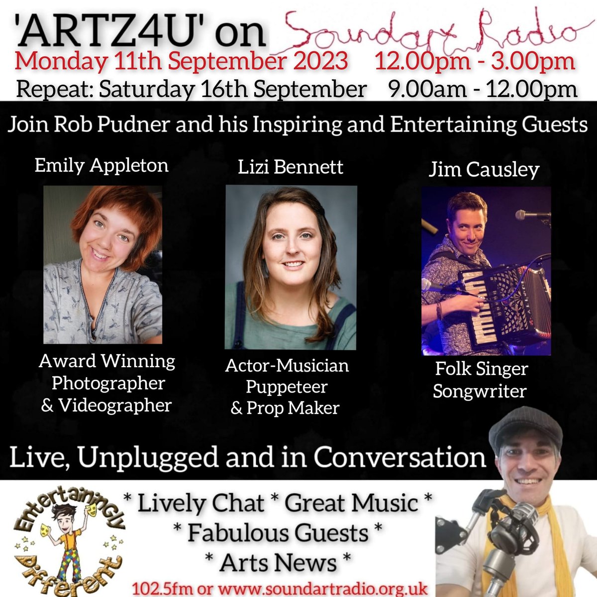 Soundart Radio (@soundartradio) on Twitter photo Midday today, join <a href="/EntertaininglyD/">Rob Pudner</a> as we start a new season of Artz4U . Music and chat and arts/theatre/culture news across the South West. Tune in 102.5 #fm and online soundartradio.org/listen Midday today, join <a href="/EntertaininglyD/">Rob Pudner</a> as we start a new season of Artz4U . Music and chat and arts/theatre/culture news across the South West. Tune in 102.5 #fm and online soundartradio.org/listen