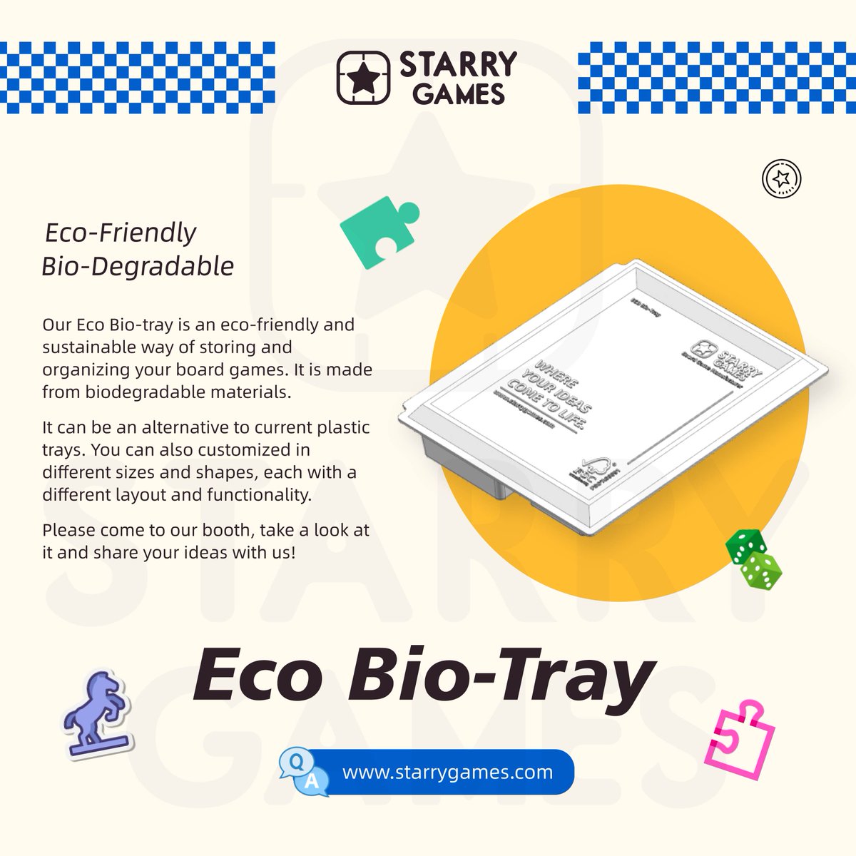 StarryGM's tweet photo. Check out our #Biodegradable Trays at #spiel23. Store and organize your games with materials that are eco-friendly and sustainable. Customize different sizes and shapes compatible with your games. If you are interested, please come and visit us!
#essen #boardgames #tabletopgames https://t.co/O0OVEXS1YV
