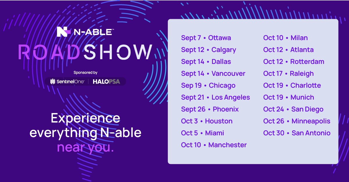 Nable's tweet image. Calgary, Dallas, Vancouver we&apos;ll see you this week! 
Chicago and Los Angeles - we&apos;re coming for you next week! 
When will wee see you at the #NableRoadshow?

#managedservices #msp #cybersecurity