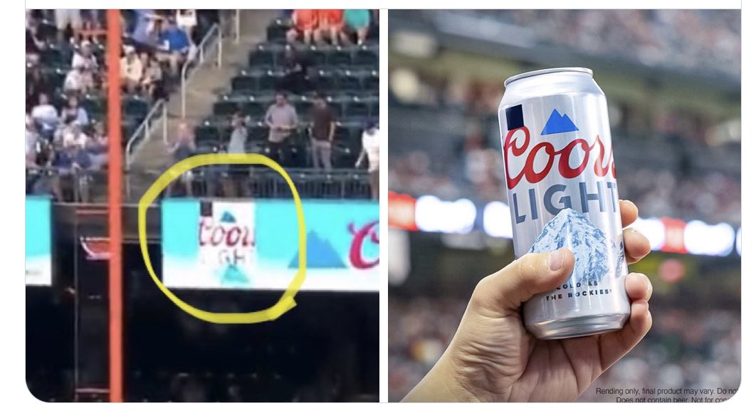 darrenrovell's tweet photo. ICYMI: On Aug. 26, Shohei Ohtani damages Coors Light sign in CitiField. Without rights to him, the beer brand sells out of $17 commemorative cans and debuts campaign “Hits the spot.” Brilliance! https://t.co/lVquFKMGo5