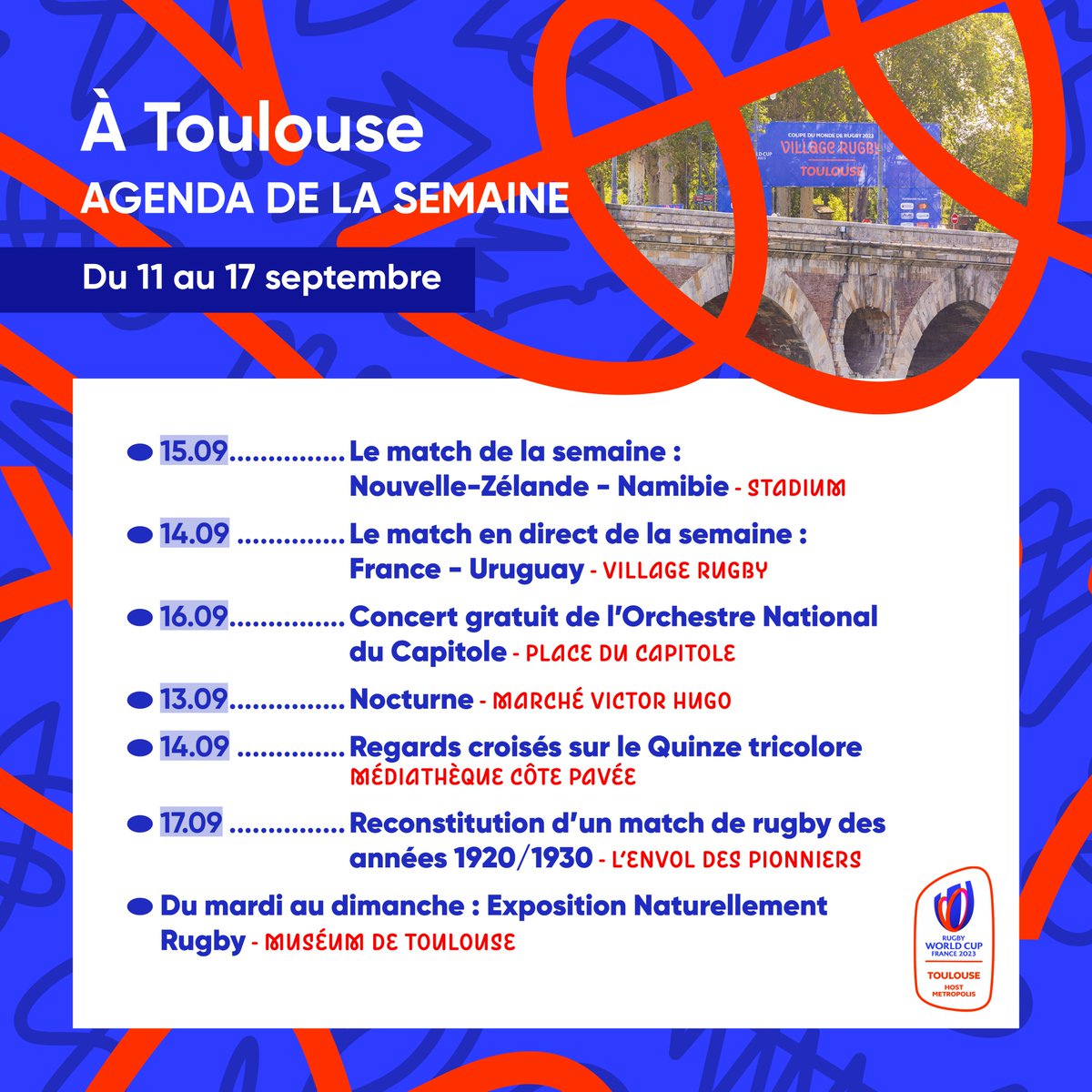 Encore une belle semaine dans la Capitale de l'Ovalie 🏉
🔗 bit.ly/AgendaCDMS02