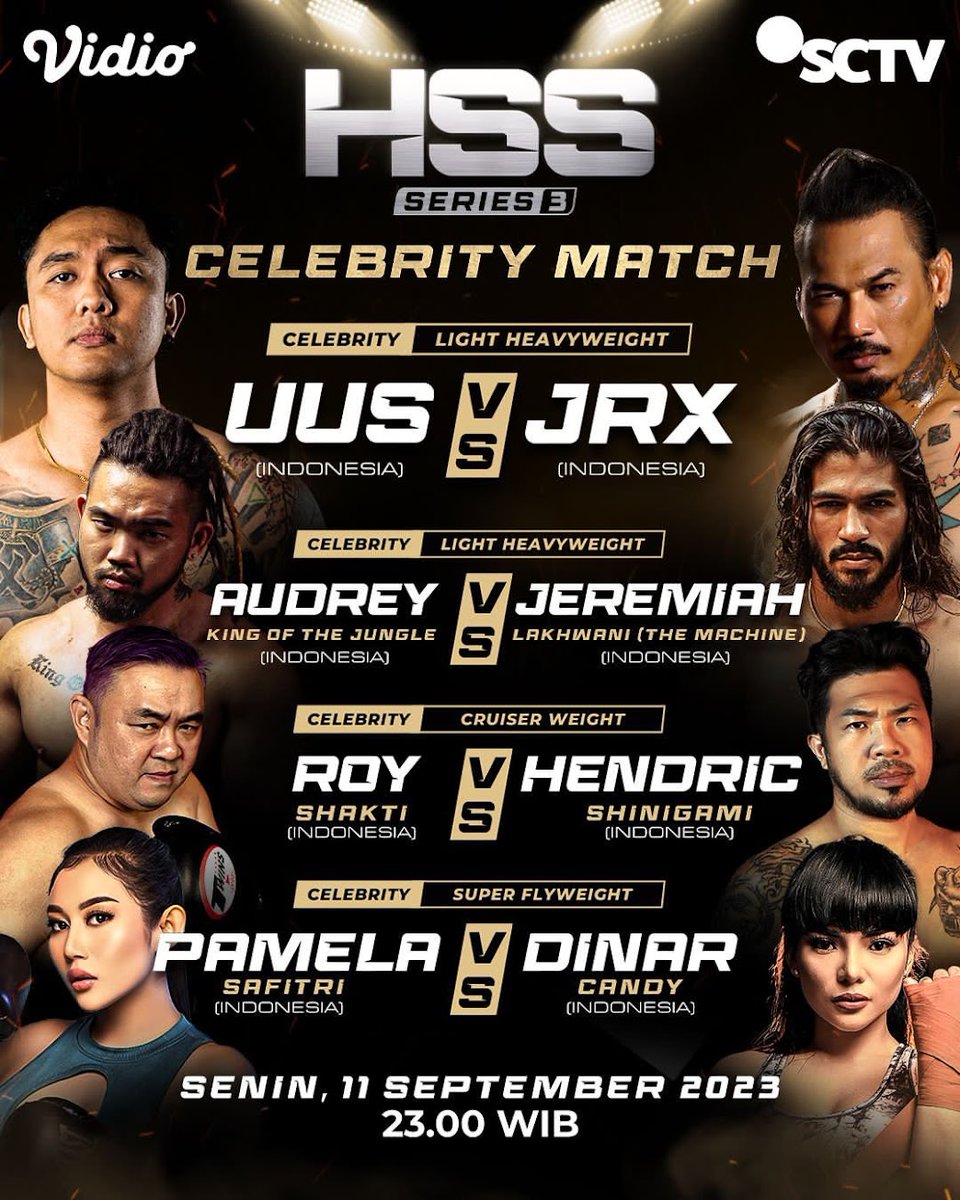 VidioSports's tweet photo. Saksikan keseruan Celebrity Match #HSS3 yang akan menemani kalian dengan 4 pertandingan dari para selebriti tanah air!
Jangan lewatkan MALAM INI, pukul 23.00 WIB hanya di @sctv dan Vidio! 🥊 https://t.co/ugSJgYmYkR