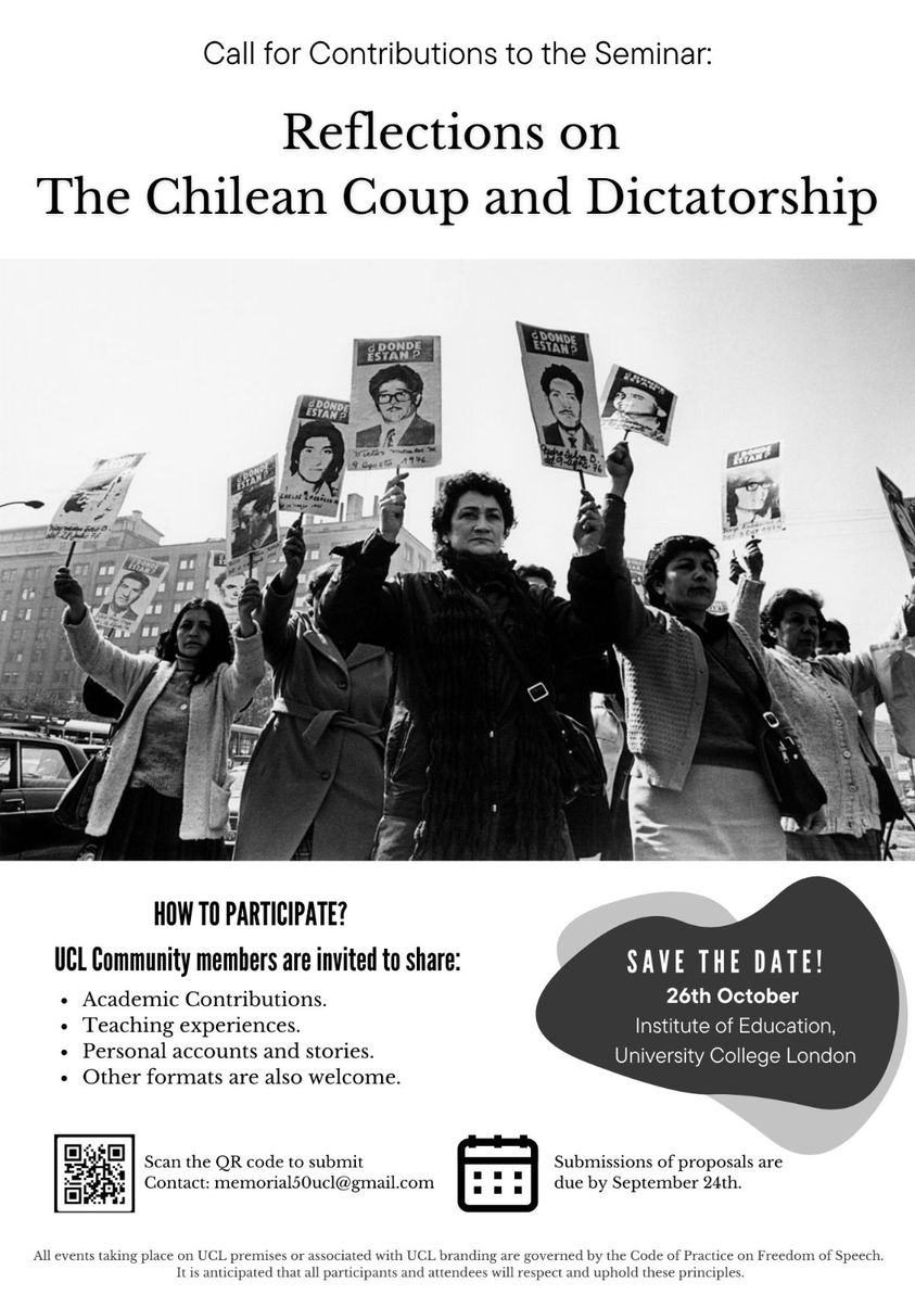 psantirod's tweet photo. CFP "Reflections on the Chilean Coup and Dictatorship" for UCL Community members.
Submit your contribution HERE! https://t.co/HyJN3FInFE https://t.co/iv2F9WnH9Z