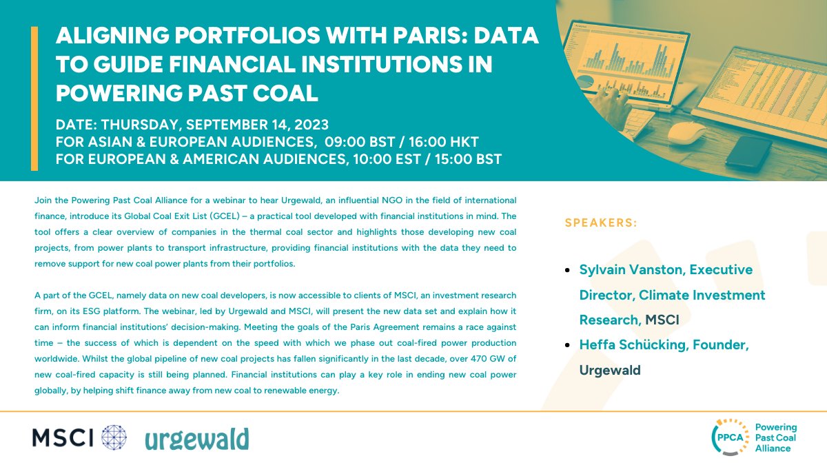 🌍 Join the PPCA and <a href="/MSCI_Inc/">MSCI</a> for a data driven webinar! Discover <a href="/urgewald/">urgewald</a>'s Global Coal Exit List, a powerful data tool designed for financial institutions’ decision-making. 
👉 Find out more and register now: poweringpastcoal.org/events/alignin…