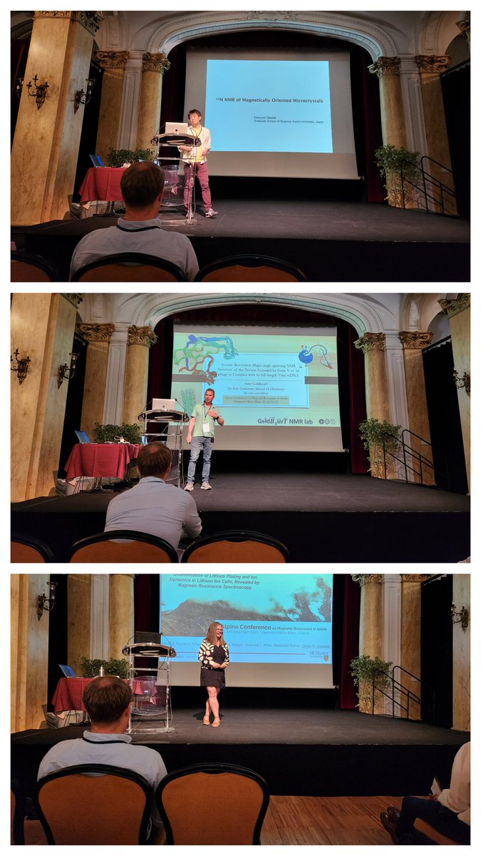alpineconferen1's tweet photo. Continuing with exciting talks at #alpineMR2023. Kazuyuki Takeda, Amir Goldbourt @GoldbourtNMRlab and Gillian Goward @GowardChem. Aligned crystals, solid state NMR of  DNA and battery materials.
Next- the first session of round tables! #nmrchat https://t.co/DkXMtSpIy7