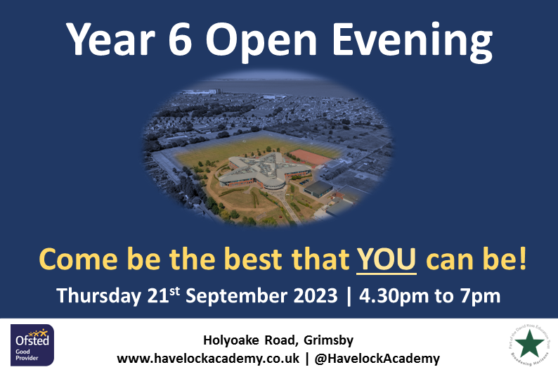 HavelockAcademy's tweet photo. 📢 Our Year 6 Open Evening takes place on Thursday 21st September between 4.30pm and 7pm.

You can find out more on our dedicated webpage link below, including a video tour of our academy.

Come have a look at Havelock and be the best that YOU can be!

https://t.co/X9IN0dMFu4 https://t.co/C1lNPTgQzY