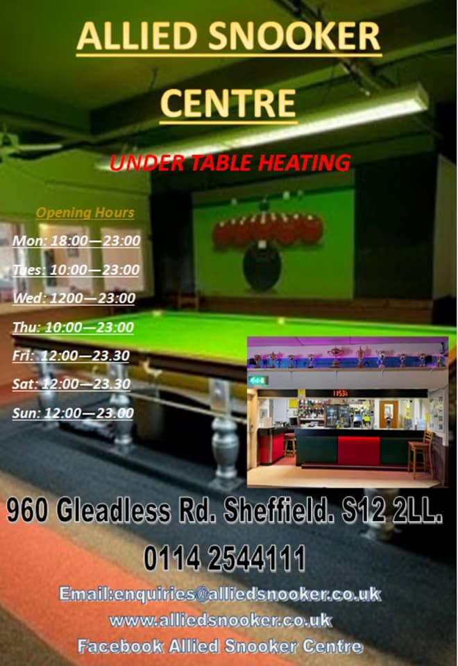 SandDASL's tweet image. 2023 Summer League sponsored by Allied Snooker Centre
2nd/3rd Place Playoffs

Quarter Finals
1. BYE v Handsworth SC
2. BYE v Southey SC
Tuesday 12th September
3. Wadsley Bridge WMC v Allied No.5
Thursday 14th September
4. Allied Handsworth v Laycocks SC