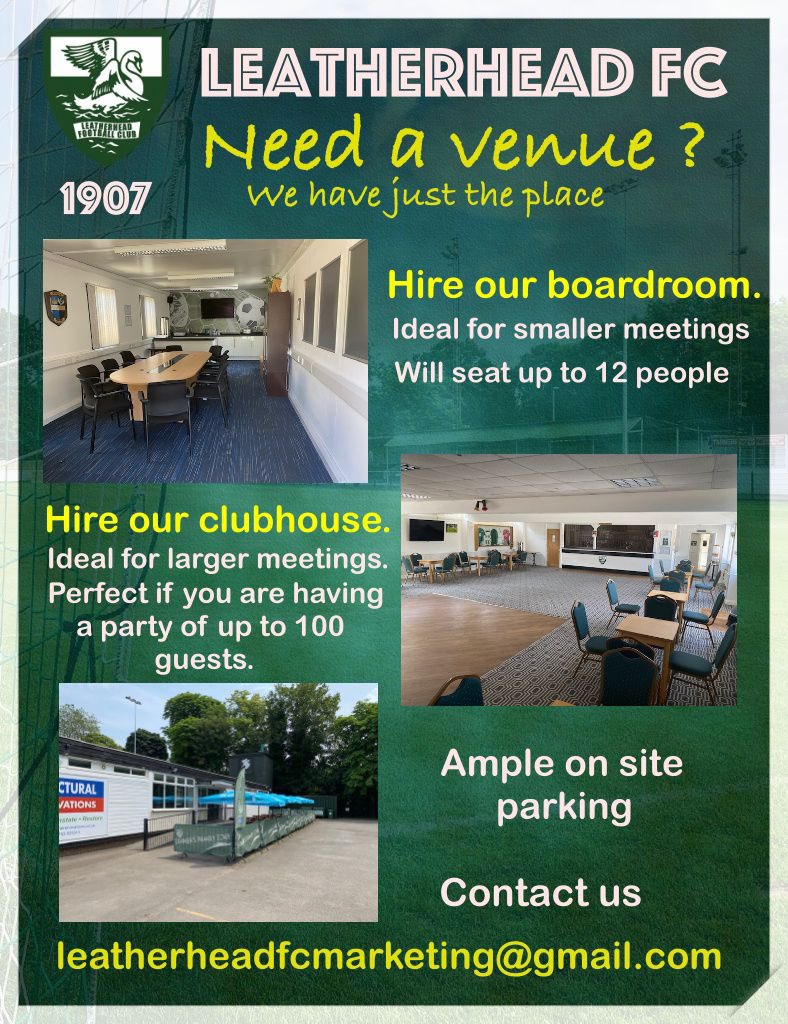 LeatherheadFC's tweet photo. Looking for a venue with bar then get in touch some dates still available from Oct to Dec Contact details e mail leatherheadfcmarketing@gmail.com or leave a message on 01372 360151 and we’ll get back to you 💚 @livingkt22 #venuehire @ClubTanners #hallhire #ashstead #leatherhead https://t.co/6EXmSnZPoB