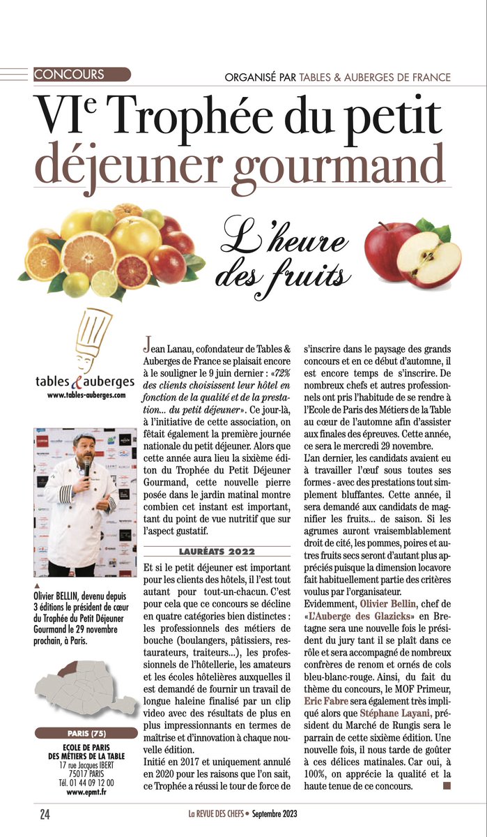 Retrouvez-nous dans la dernière édition de la revue de Christophe Andrieu avec une page consacrée au 🏆 Concours du Meilleur Petit Déjeuner &amp; Brunch de France qui se tiendra le mercredi 29 novembre 2023 à Paris.

Revue des Chefs - Septembre 2023
lnkd.in/eX7eSDsC