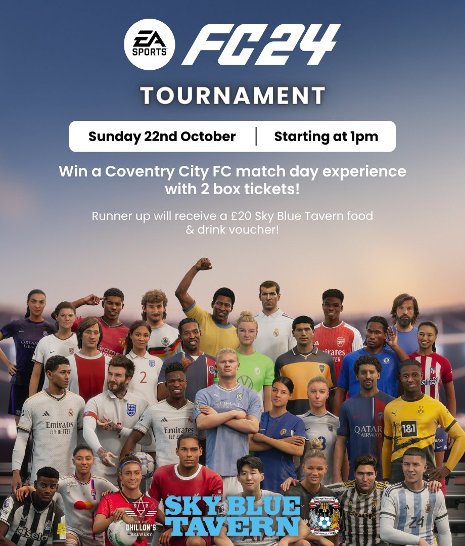 SkyBlueTavernPH's tweet photo. Do you want to win a full match day experience!? โฝ
Sign up now for our second FIFA tournament, with the all new FIFA 24, the be in with the chance to win. Full details can be found in our bio
#fifa24 #FIFA #fifatournament #fifacompetition #skybluetavern #ccfc #coventrycity https://t.co/x0klwcUS38