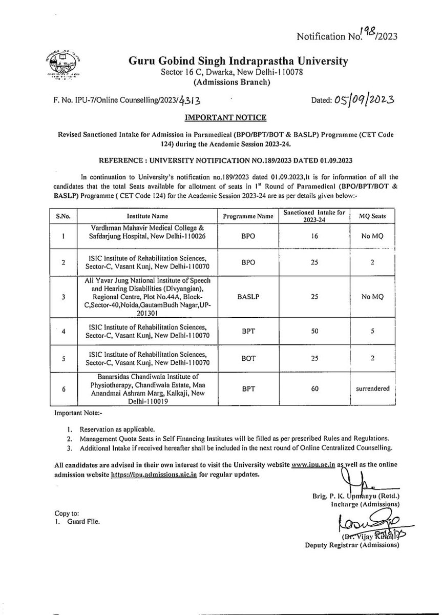 BanarsidasP's tweet image. Information regarding seats intake for BPT. For more information visit website, ipu.ac.in

#admission #ggsipu #bcip #bptadmission #bpt #mpt