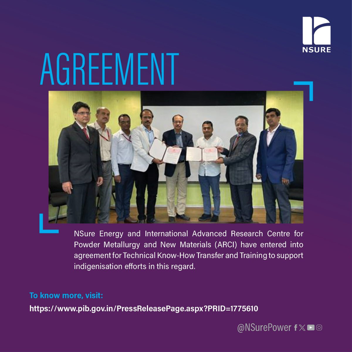 NsurePower's tweet photo. In line with Hon’ble PM @narendramodi’s vision of #AtmaNirbharBharat, NSure Energy and ARCI under the @IndiaDST, have entered into an agreement for Technical Know-How Transfer and Training to support India’s indigenisation efforts.

To know more, visit:

https://t.co/4zBKeOWkjA https://t.co/aVSyHzja2j