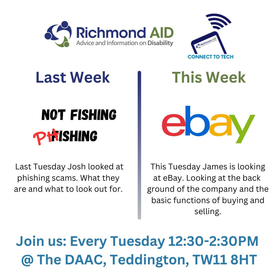 RichmondAID's tweet photo. Come to our weekly Tuesday Connect to Tech group, 1-3pm & chat about all things tech.
Find out more by messaging us or email Josh or James: connecttotech@richmondaid.org.uk
Everyone & all abilities welcome - see you tomorrow!
#richmondaid #connecttotech #Tuesday #techtraining https://t.co/1Xs7rN8l2i