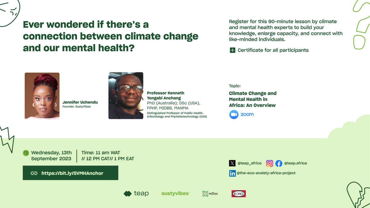 SustyVibes's tweet photo. Do you ever wonder if there might be a connection between climate change and our mental health?

The Anchor project is a virtual training series that will help Africans understand the linkages in mental health and environmental changes.

Apply: https://t.co/7MMvwuWHPy

#AnchorSV https://t.co/HrQJCH4NQG