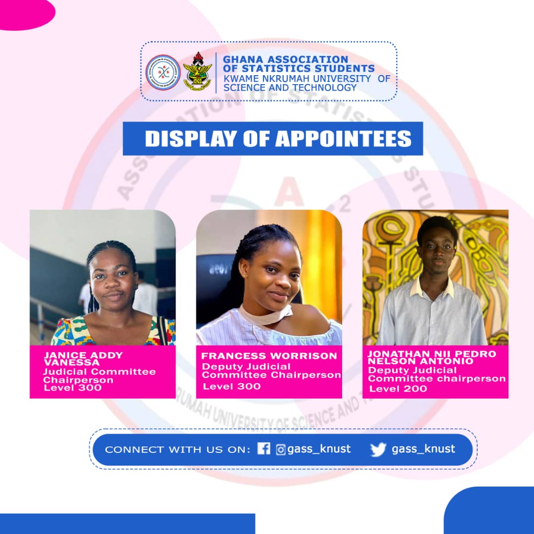 gass_knust's tweet image. 1️⃣DISPLAY OF APPOINTEES🔵
Here are our Executives:
Judicial Committee Chairperson
 
Ms Janice Addy Vanessa - Head 

Ms Francess Worrison - Deputy 

Master Jonathan Nii Pedro Nelson Antonio - Deputy

Congratulations 🎉

#StatisticsforDevelopment