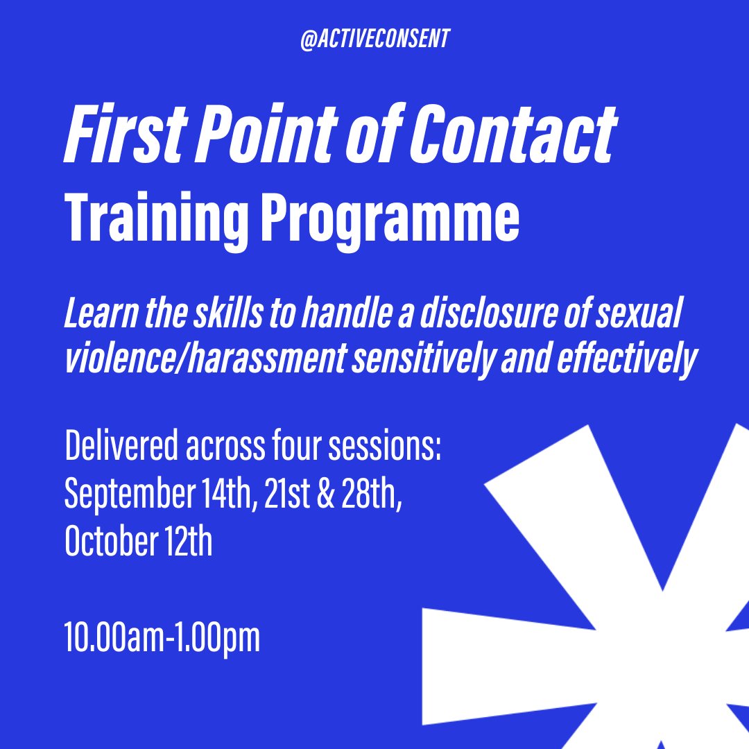 You can still register for our next First Point of Contact training starting this week!

This training delivered with <a href="/GalwayRCC/">Galway Rape Crisis Centre</a> gives people the skills to handle disclosures of sexual violence/harassment sensitively &amp; effectively. Click below to register!
consenthub.ie/explore/traini…
