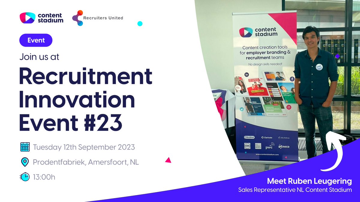 Find us tomorrow on <a href="/RecruitersUnite/">Recruiters United</a>'s event!

Ruben Leugering will show you how <a href="/ContentStadium/">Content Stadium</a> can help you to improve your #socialmedia approach and attract more talent.

📅 Tuesday 12th September 2023.
📌 Prodentfabriek, Amersfoort, NL.
🕐 13:00h.

#socialrecruiting