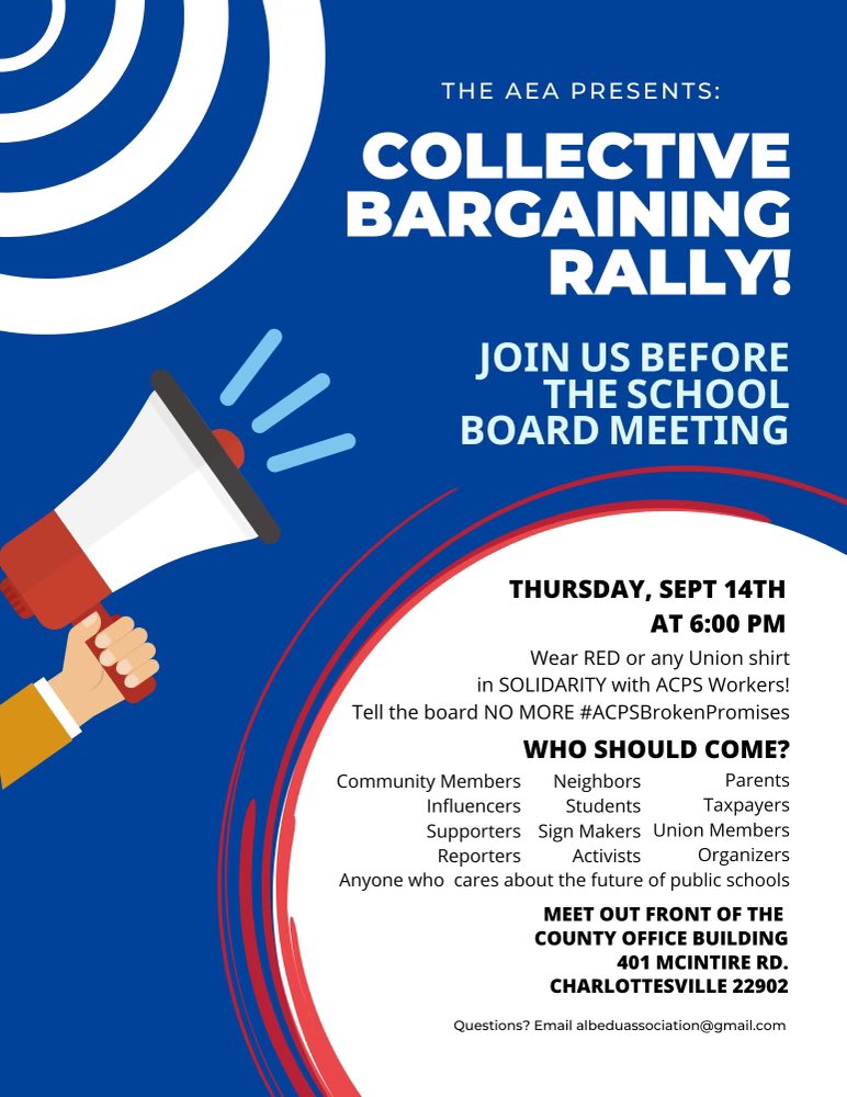 CvilleVEA's tweet photo. Come out on Thursday at 6 pm to support ACPS teachers and staff! 

Teachers working conditions are your child’s learning conditions. Your children’s teachers deserve the right to bargain collectively to protect and improve those conditions. https://t.co/DAEsGC2cgx