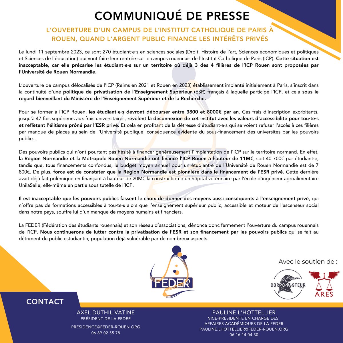 [Affaires Académiques]
La FEDER via ce communiqué de presse dénonce le financement
des établissements privés par la région Normandie et la Métropole
Alors que l'enseignement public manque cruellement de moyens
humains et financiers