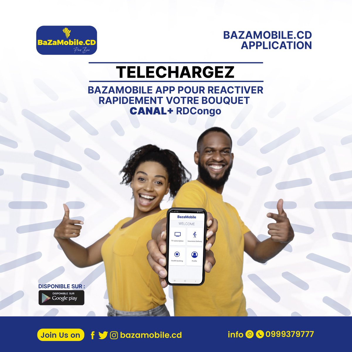 BazaMobile_CD's tweet photo. Fatiguez de vous déplacer pr acheter vos bouquets CANAL+🇨🇩? Pourquoi pas le faire juste sur votre Téléphone portable! #BazaMobileRDC vous offre une opportunité de passer votre commande en ligne via l’ Application BazaMobileApp (Disponible sur PlayStore).

#2K23
#BMApp
#PonaBino https://t.co/BUFm0Rlgiu