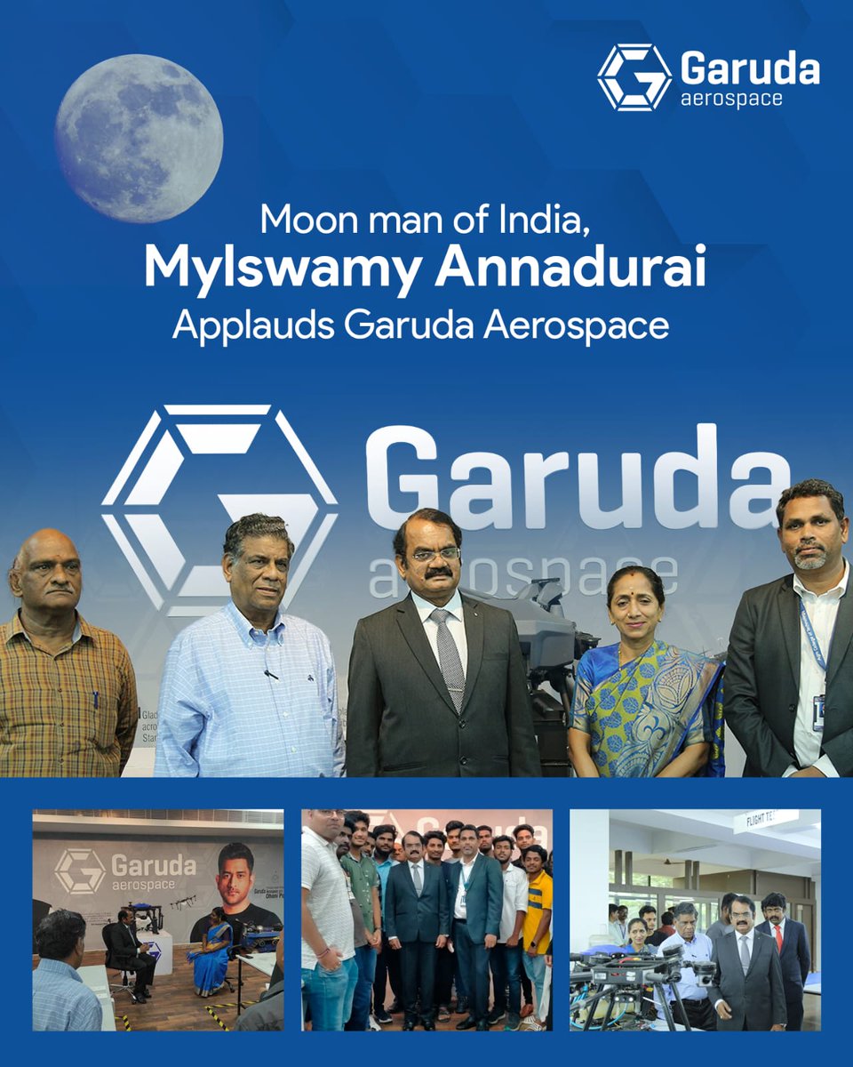 garuda_india's tweet photo. Mylswamy Annadurai, the #MoonMan of India visited Garuda Aerospace’s manufacturing unit. He served as the director for India's lunar probes, Chandrayaan-1 and Chandrayaan-2 and has contributed to the manufacturing of over 60 satellites. 

He shared his valuable insights at our manufacturing unit followed by a one-to-one interaction with the our team about the industry and tech world. Live demonstration of Garuda’s drones ranging from the agriculture drones to the surveillance drones was conducted for Mylswamy Annadurai. 

@AgnishwarJ @isro @mygovindia