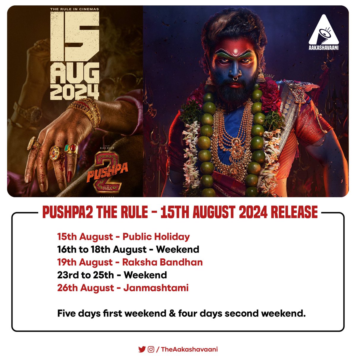 TheAakashavaani's tweet photo. #Pushpa2TheRule - A crazy sequel releasing on a public holiday all over India. Get ready to witness never heard of opening day numbers. https://t.co/ZWLaG4cG3L