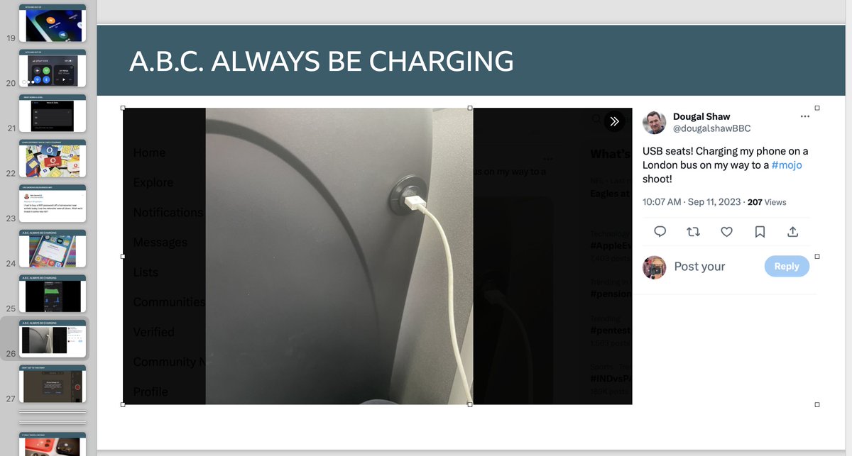 This has - genuinely - gone straight into my mojo training presentation. 

Having plenty of battery is one of the "five fundamentals" when using a smartphone for journalism.

Who can name the other four? 

(I'm naively assuming that tweets get any interaction these days...)